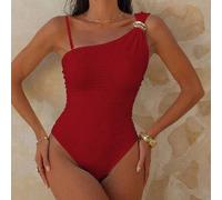 Neuer Damen Einteiler Badeanzug, gestrickter Stoff, elegante Unifarbe, einzelne schräge Schulter, Metallzubehör, geraffte Taille, hoher Beinausschnitt