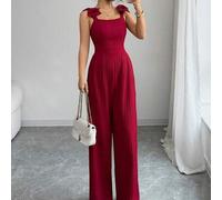 Neuer Damen Jumpsuit mit Spaghettiträgern und Schleifendesign, aus gewebtem strukturiertem Stoff, elegant und vielseitig für Arbeit, Urlaub, geeignet