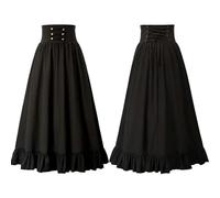 Neuer Damen Sommer Gothic Langer Rock Hohe Taille Rüschensaum A-Linie Elastische Taille Retro Plissee Lässiger Partyrock-Schwarz-XL