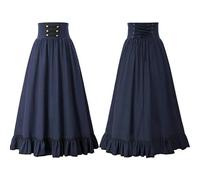 Neuer Damen Sommer Gothic Langer Rock Hohe Taille Rüschensaum A-Linie Elastische Taille Retro Plissee Lässiger Partyrock-Blau-XXL