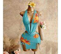 Neuer Frühlings- und Sommer-Damen-Sexy-Off-Shoulder Schnitt mit tiefem Ausschnitt, gelb-rotes Blumenprint Minirock mit hohem Schlitz und Rüschen 2-tei