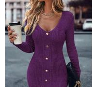 Neuer modischer V-Ausschnitt schwarz langärmliges Damenpulloverkleid mit einer Reihe dekorativer Knöpfe für Frühling und Herbst