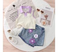 Neues 2-teiliges Set für Kleine Mädchen im Alter von 4-7 Jahren, Poloshirt mit Kurzarm und bestickte Denim Shorts, modisches Lässig-Outfit geeignet fü
