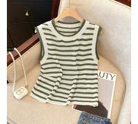 Neues ärmelloses Strick Top mit Kontraststreifen im Vintage-Stil, stylische Strickjacke in kurzer Länge für Damen