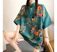 Neues chinesisches Stil Koi-Fisch-Muster Satin Mini Cheongsam Kleid, Damen lockeres Fledermausärmel Kurzarm Stehkragen Froschknopf Qipao Sommer