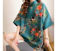 Neues chinesisches Stil Koi-Fisch-Muster Satin Mini Qipao Kleid, Damen locker Fledermausärmel Kurzarm Mandarin-Kragen Froschknopf Cheongsam Sommer