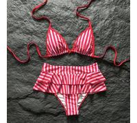 Neues Damen-Bikini-Set in Rosa mit vertikalen Streifen und Neckholder-Top, doppellagigem Rüschenrock, sexy lässiger modischer Badeanzug für Strand, Po