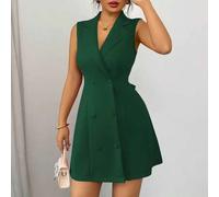 Neues Damen Blazer Kragen Doppelreiher Tiefer V-Ausschnitt Große Schleife Design Ärmelloses Figurbetontes Party Cocktail Minikleid, Elegant, Jugendlic