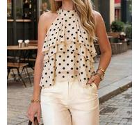 Neues Damen-Chiffon-Top in Apricot mit Polka Dots, Neckholder, mehrlagigem Rüschensaum, ärmellos, lässig-elegant, für Strandurlaub im Sommer