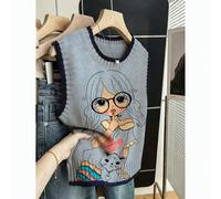 Neues Damen Herbst Rundhals ärmelloses Tanktop, Cartoon Mädchen Muster, Farbblock Strickbesatz, geeignet für lässige Outfits im Herbst