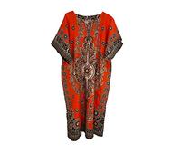 Neues Damen Kaftan-Kleid aus 100% Baumwolle, lang, Sommer, Dashiki, afrikanischer Druck, Einheitsgröße, lockerer weiter Stil, Strand-Überwurf, Orange, Einheitsgröße