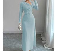 Neues Damen Kleid mit schräger Kragen, Langarm, strukturiertem Streifenmuster, geraffter Taille und A-Linie, lässiger Urlaubsstil, vielseitig für Früh
