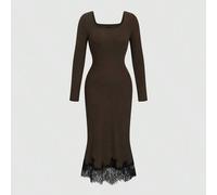 Neues Damen-Midikleid mit quadratischem Ausschnitt, langen Ärmeln, einfarbigem geripptem Strickmuster, Spitzenbesatz am Saum, figurbetonigter Passform