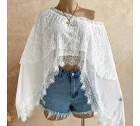Neues Damen-Top in Cremeweiß mit doppellagigem Off-shoulder, eleganter Spitze und Patchwork, im eleganten Boho-Stil, tropisch, für Schulanfang, Lässig