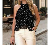 Neues Damen-Top in Schwarz mit Polka Dots, Chiffon, Neckholder, mehrlagige Rüschen, lässig-elegant, ärmellos, für Strandurlaub im Sommer, French Girl