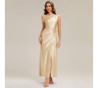 Neues elegantes asymmetrisches hochglänzendes Satinkleid für Brautjungfern, gelbes Cocktailkleid mit weichen Falten und hohem Schlitz, geeignet für Ho