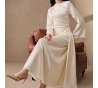 Neues elegantes asymmetrisches verdrehtes Satin-Kleid für Damen, Champagnerfarbe 2 in 1 mit vollem Rock, drapiert, Langarm, figurschmeichelnd