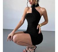 Neues elegantes, sexy und charmantes Party-/Musikfestival-Kleid mit geraffter Taille, schlankend, schwarze und rote Mesh-Überlagerung, trägerloses Nec