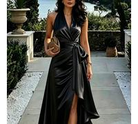 Neues Frühling/Sommer Damen-Maxikleid im französischen Stil in Apricot mit hohem Schlitz, Satin-Glanzfinish, Neckholder mit Schleife, ärmellos, tailli