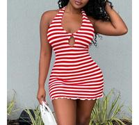 Neues gestricktes gestreiftes rückenloses Minikleid, Urlaubsstil, rot
