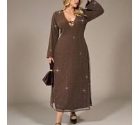 Neues gestricktes Netz-Ausschnitt-Jacquard-Pailletten-transparentes braunes Große Größen A-Linien-Maxikleid für Herbst/Winter, geeignet für Musikkonze