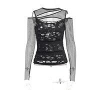 Neues Gothic Mesh Langarm T-Shirt Damen Mock Neck Slim Fit Fishnet Transparentes Hemd Schneiden Karneval Tops Tops-Schwarz-S