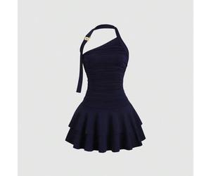 Neues Hairclifter Spiral Metall Dekor Taille eingeengte ausgestellte Tortenrand Mini-Kleid für Frauen