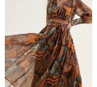 Neues Paisley-Blumen-Maxikleid aus Chiffon mit Braun- und Blautönen, tailliert, elegant, im Boho-Stil, für Brunch, Urlaub und Herbst