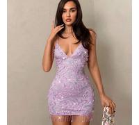 Neues rosa Blumen-Pailletten-Kleid mit rückenfreiem Schnürung, Quasten-Saum, glamouröser Kokette, sexy V-Ausschnitt, kurzes Damen-Kleid, 3D-Blumen und