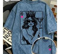 Neues Sommer-T-Shirt in Große Größen für Damen mit Vintage-Waschung, Rundhalsausschnitt und doppelseitigem "Queen" Muster, perfekt für lässige Streets