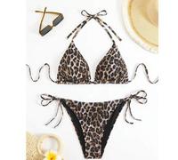 Neuestes Große Größen Rückenfreies Leoparden-Muster Lässiges Sexy Gerafftes Bikini-Top, Seitlich Gebundenes String Badeanzug Set, Mittlere Dehnung Url