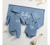 Neugeborenen Baby 5er Set Strick Romper, Sabberlatz, Decke, Mütze, englische Buchstaben Lässig Bekleidung Ausstattung für den Frühling/Sommer