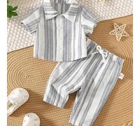 Neugeborenen Baby Jungen süßer Sommer vielseitiger gestreifter Kurzarm-Shirt und Elastisch Taille Lang-Hose 2 Stücke Set