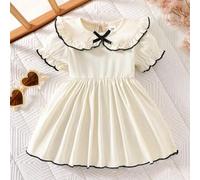 Neugeborenen Baby Mädchen Frühling/Sommer Kleid, rein weißes geripptes Strickkleid mit schwarzer Rüschenkragen-Verzierung + Schleife, süß & niedlich S