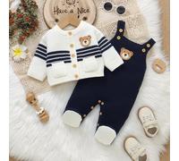Neugeborenen Bär Stickerei Pullover 2-teiliges Set, Baby Jungen Marineblau Strickjacke + Fuß-Romper, süßes Cartoon Bär Outfit, Vollmond Foto, gemütlic