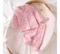 Neugeborenen Baumwoll-Gaze Blume Muster Kragen Strickjacke und Fuß-Hose bequemer Pyjama-Set