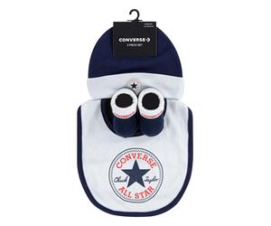 Neugeborenen-Geschenkset CONVERSE "CHUCK INFANT HAT BIB BOOTIE SET 3PC", Mädchen, Gr. 86/92 (6/12), schwarz (obsidian), Obermaterial: 62% Baumwolle, 34% Polyester, 4% Elasthan, KOB Set-Artikel, dreite