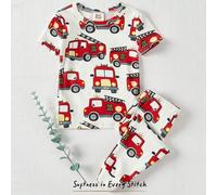 Neugeborenes Baby Jungen Cartoon Auto Muster Strick Weich Rundhals Kurzarm Top und Elastische Taille Lang Hosen 2 Teile Eng Anliegender Schlafanzug Se