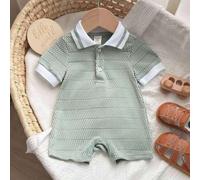 Neugeborenes Baby Jungen/Mädchen grüner strukturierter weicher und bequemer Jacquard-Stoff Kontrast-Farbe gestrickte weiche Polokragen Kurzarm Halb-Re