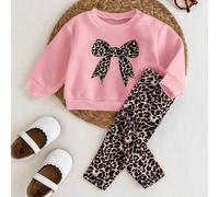 Neugeborenes Baby Leopardenmuster Schleife Dekoration Rundhals Langarm Sweatshirt und Winterhose Lässig Outfit