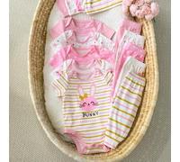 Neugeborenes Baby Mädchen 15 Stücke/Set Frühling/Sommer süßer gestrickter Jumpsuit mit Punkten, Regenbogen, Sonne, Erdbeermuster, Hut, Fäustlinge Set,