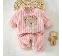 Neugeborenes Baby Mädchen Cartoon Bär Muster Fleece gefüttert 3D Schleife dicker Plüsch Rundhals Langarm Pullover Sweatshirt elastischer Bund Bündchen