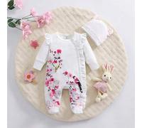 Neugeborenes Baby Mädchen StrickJumpsuit Rundhalsausschnitt Langarm Rüschenbesatz Blumen Vogelmuster Weicher Strampler Jumpsuit, Herbst/Winter