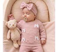 Neugeborenes Baby Mädchen süß lässig gestrickt rosa Schleife & Herz Muster Langarm Sweatshirt & Hose 2 Stücke