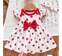 Neugeborenes Baby Mädchen süß lässig gestrickt Sommer Erdbeermuster Kappe Ärmel rote Schleife Kleid bequem Mode einfach praktisch vielseitig weich beq