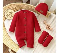 Neugeborenes Baby Mädchen süßer gestrickter Jumpsuit, Jumpsuit & Mütze Set, vielseitig für Herbst/Winter
