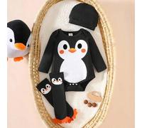 Neugeborenes männliches Baby Schwarz Langarm Cartoon süß kleiner Pinguin Muster Jumpsuit Mütze Sockenabdeckung 3-teiliges Outfit Herbst lustig Grafik