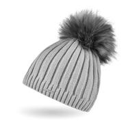 Neverless® Damen Strick-Mütze gefüttert Fell-Bommel Kunstfell Bommelmütze Fleece-Innenfutter Hellgrau