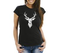 Neverless® Damen T-Damen T-Shirt Hirsch-Geweih Blumen Muster Scherenschnitt Art Print Fashion Streetstyle schwarz S