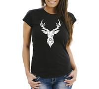Neverless® Damen T-Damen T-Shirt Hirsch-Geweih Blumen Muster Scherenschnitt Art Print Fashion Streetstyle Schwarz M
